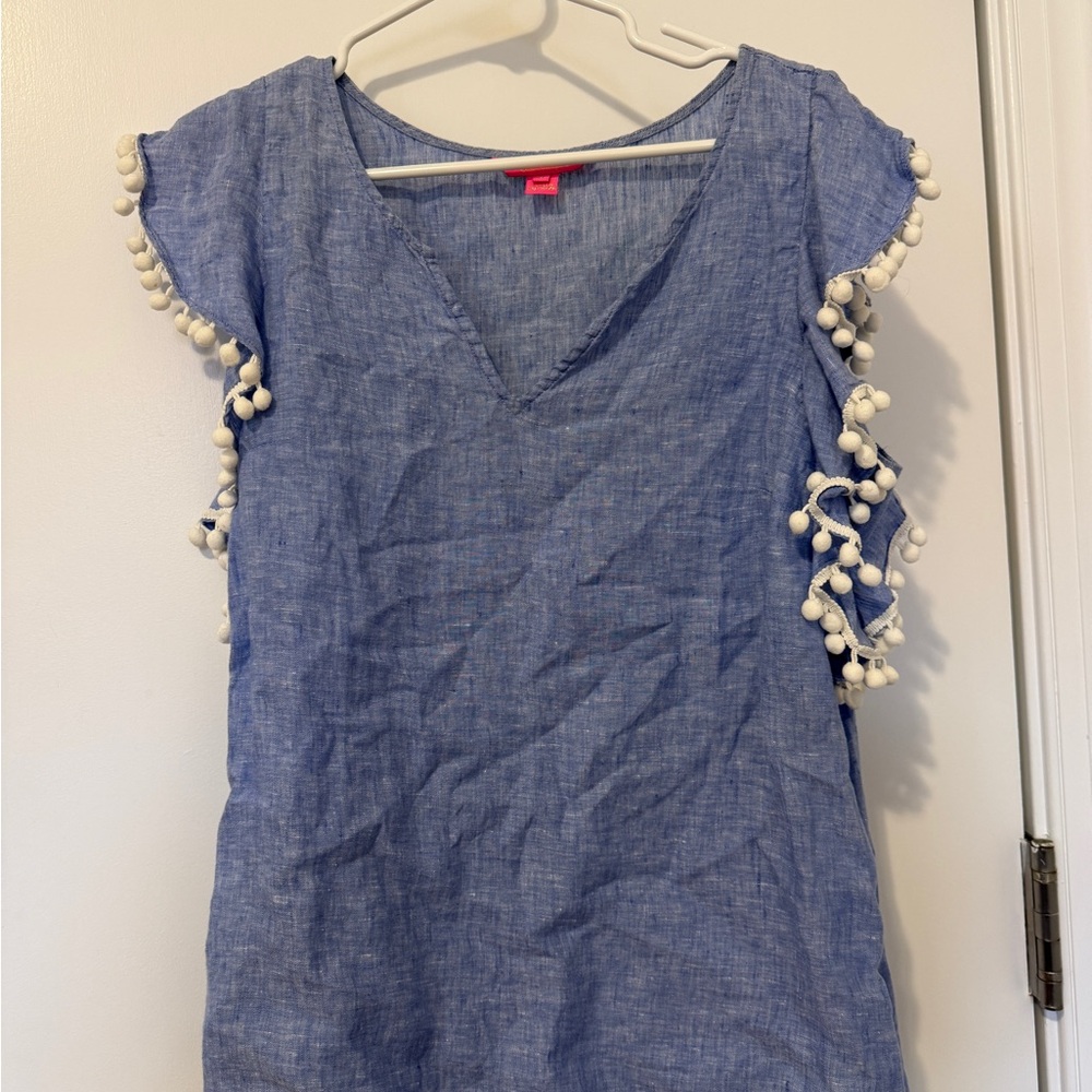 Lilly Pulitzer Blue Linen Top with White Pom-Pom Trim